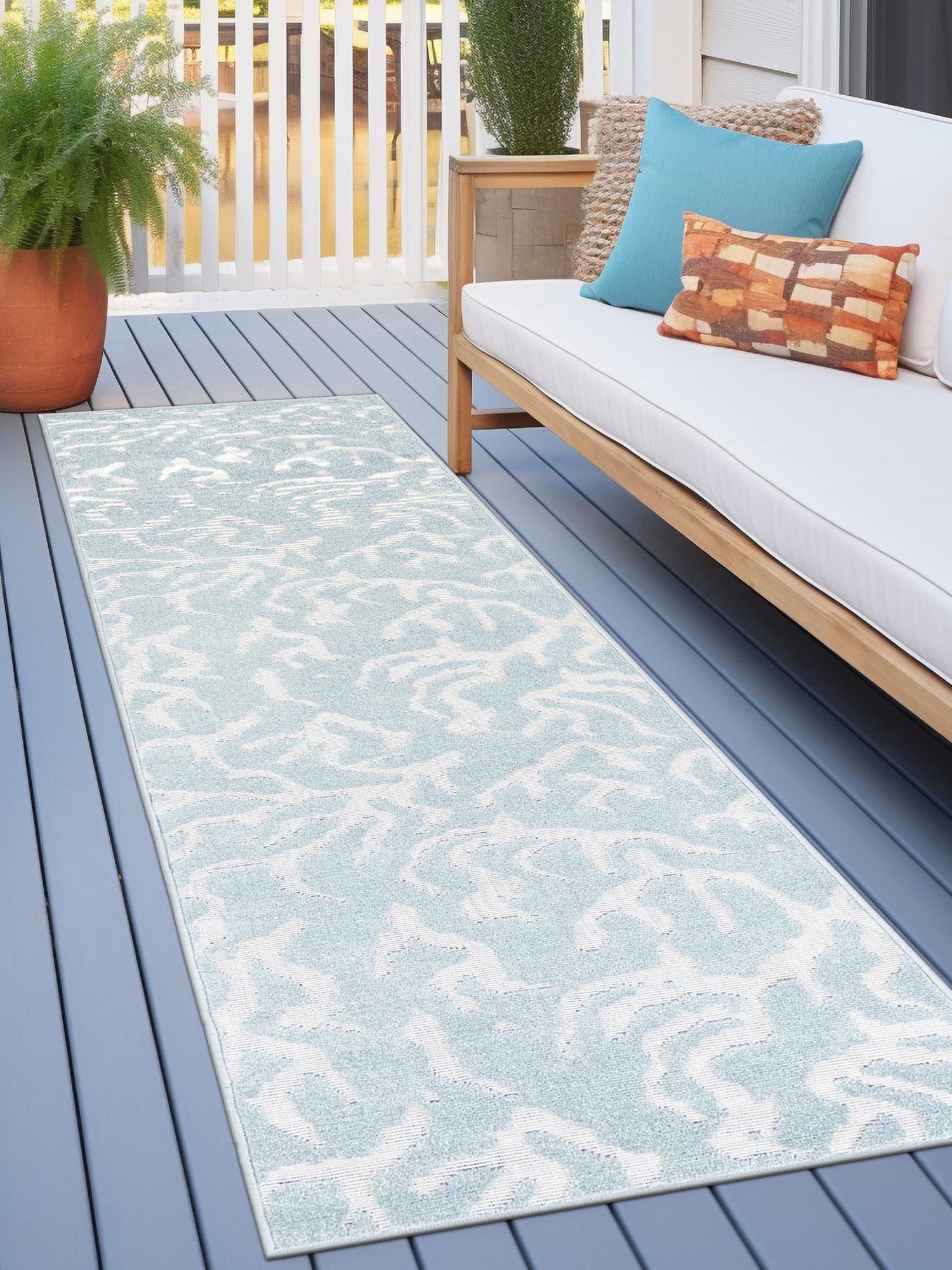 Light Blue 2' x 6' 1 Sabrina Soto Outdoor Runner Area Rug Weather Resistant for Patio, Deck, Terrace, Balcony, Porch Durable Carpet for Exterior Home Design for Sale at Rug Engine