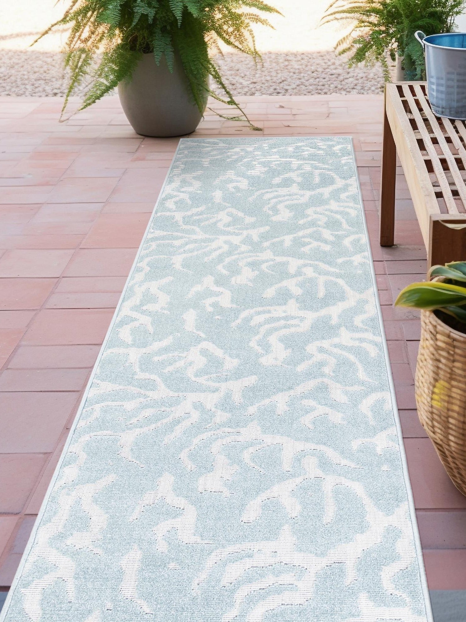 Light Blue 2' 7 x 10' Sabrina Soto Outdoor Runner Area Rug Weather Resistant for Patio, Deck, Terrace, Balcony, Porch Durable Carpet for Exterior Home Design for Sale at Rug Engine