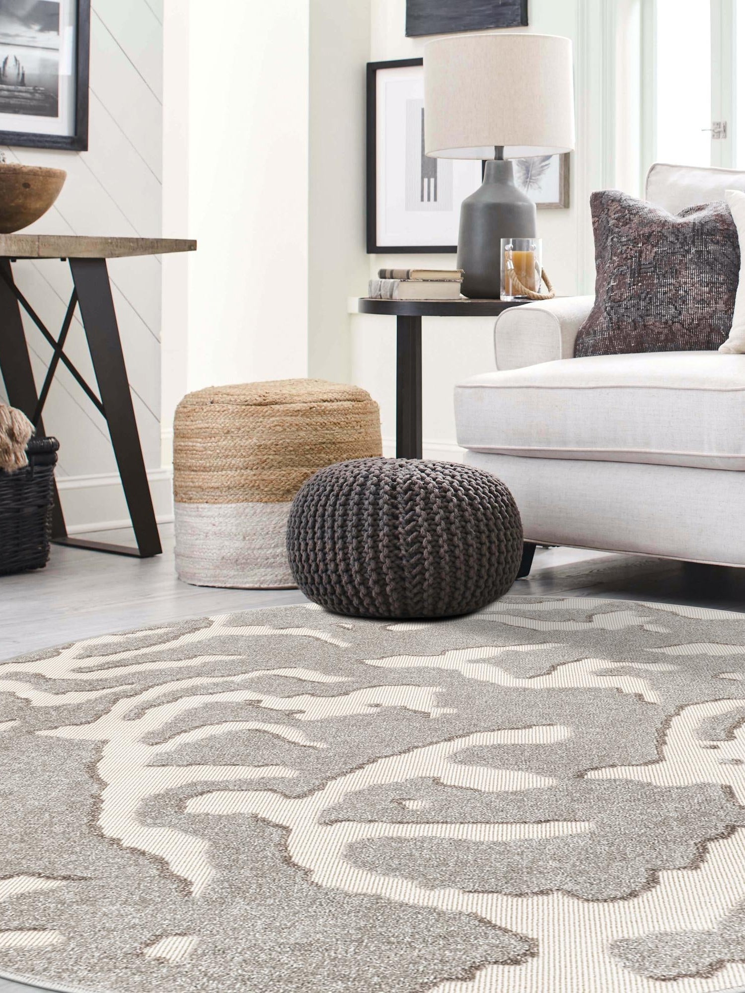 Gray 3' 1 x 3' 1 Sabrina Soto Outdoor Round Area Rug Weather Resistant for Patio, Deck, Terrace, Balcony, Porch Durable Carpet for Exterior Home Design for Sale at Rug Engine