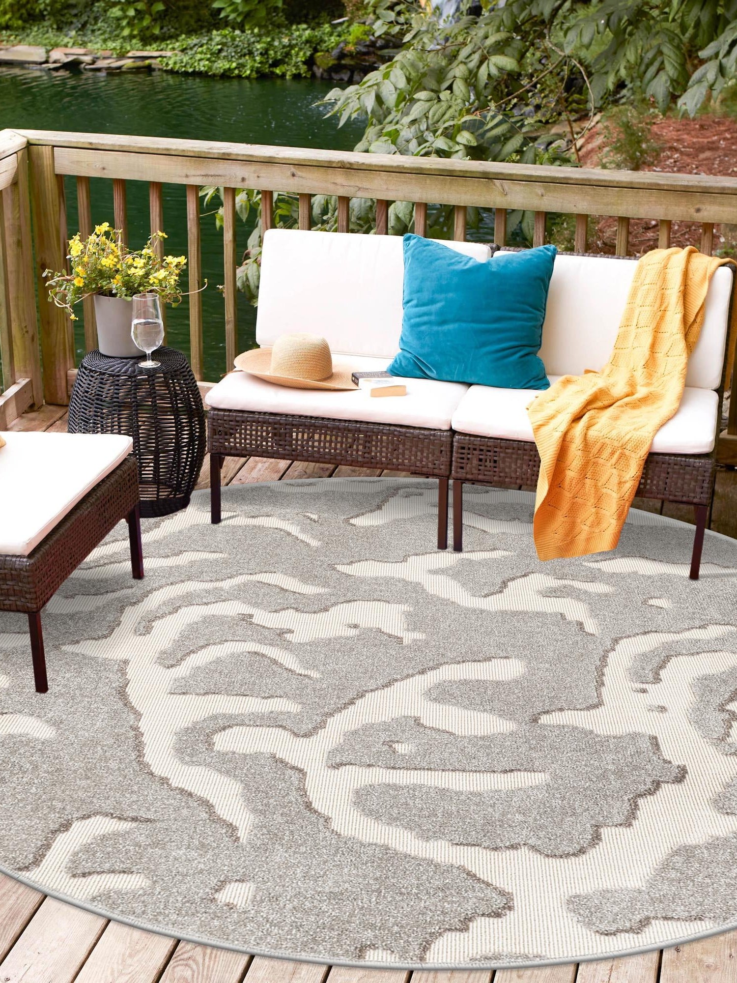 Gray 3' 1 x 3' 1 Sabrina Soto Outdoor Round Area Rug Weather Resistant for Patio, Deck, Terrace, Balcony, Porch Durable Carpet for Exterior Home Design for Sale at Rug Engine