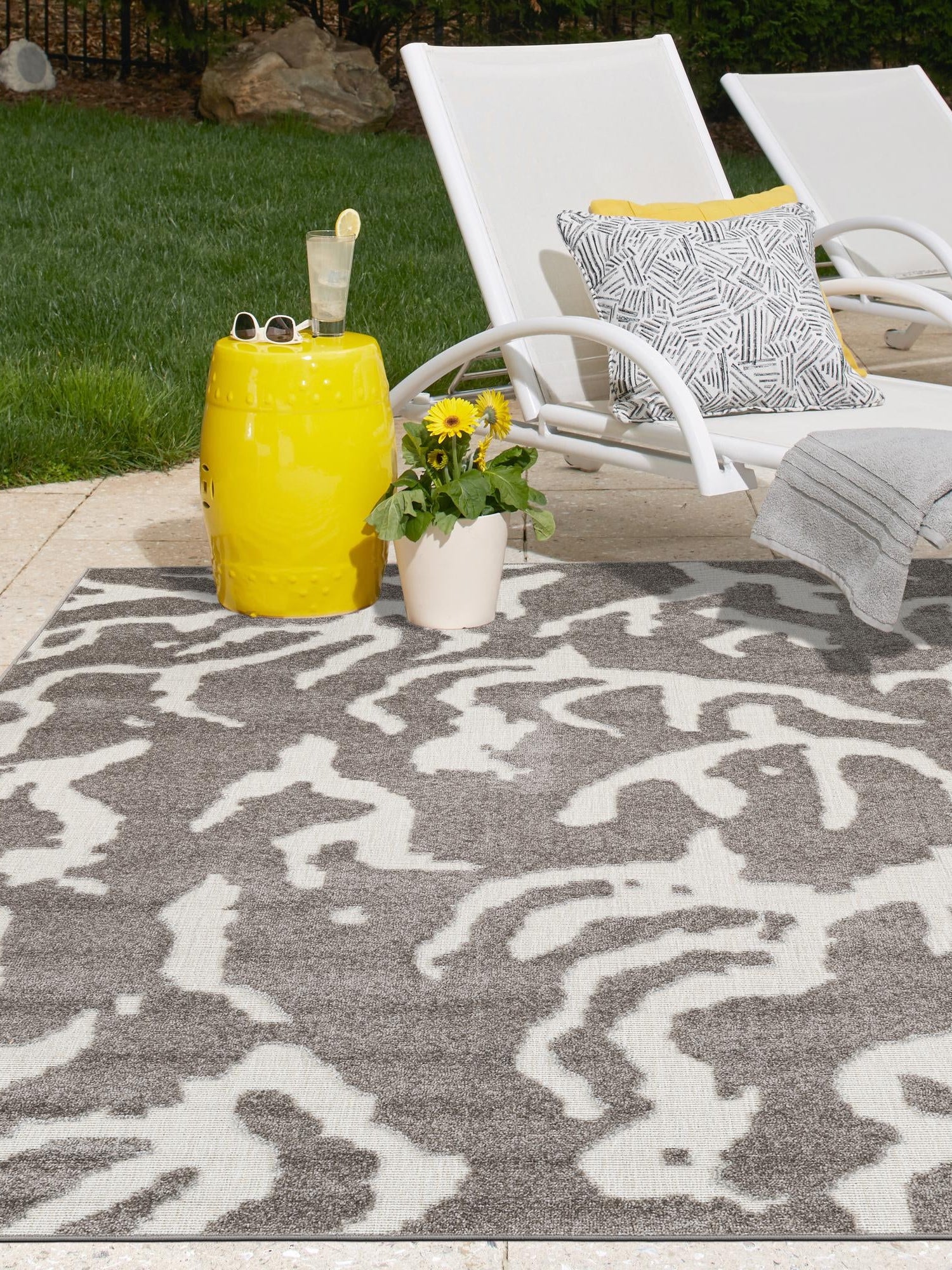 Gray 7' 10 x 10' Sabrina Soto Outdoor Rectangle Area Rug Weather Resistant for Patio, Deck, Terrace, Balcony, Porch Durable Carpet for Exterior Home Design for Sale at Rug Engine