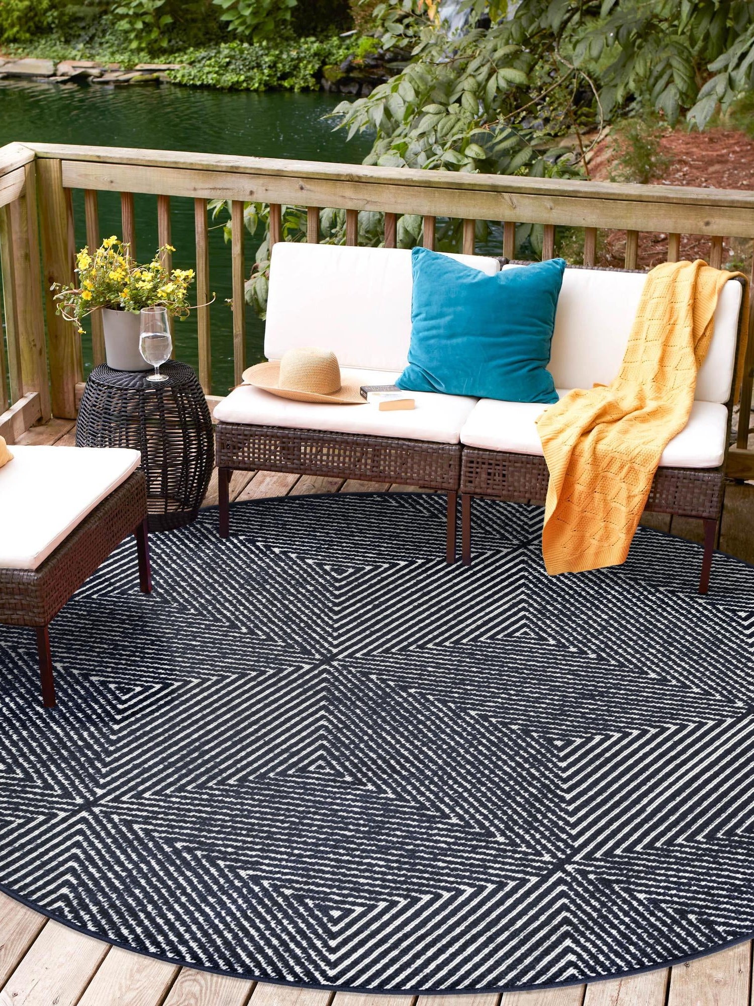 Navy Blue 10' x 10' Sabrina Soto Outdoor Round Area Rug Weather Resistant for Patio, Deck, Terrace, Balcony, Porch Durable Carpet for Exterior Home Design for Sale at Rug Engine