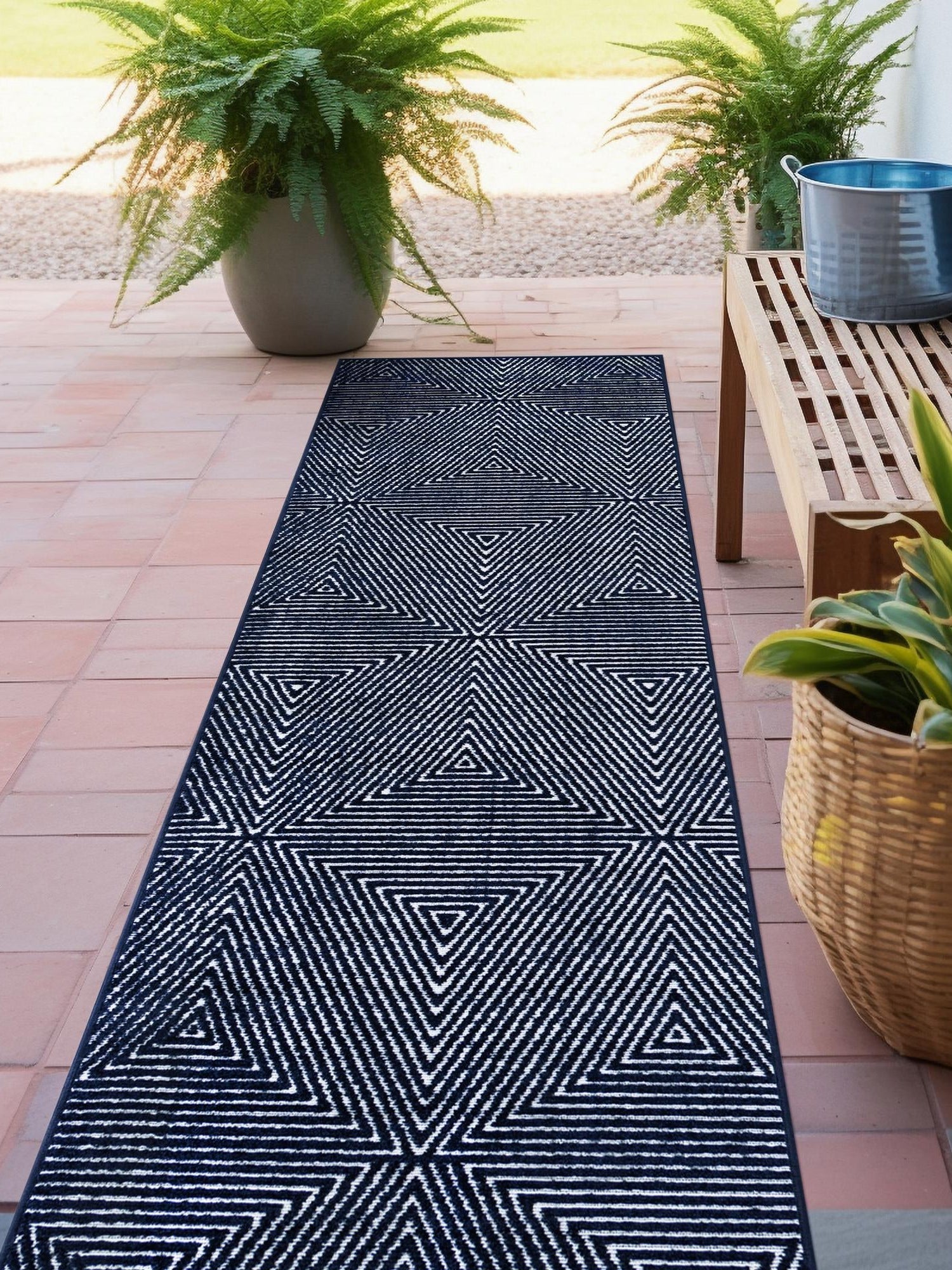 Navy Blue 2' 7 x 12' Sabrina Soto Outdoor Runner Area Rug Weather Resistant for Patio, Deck, Terrace, Balcony, Porch Durable Carpet for Exterior Home Design for Sale at Rug Engine