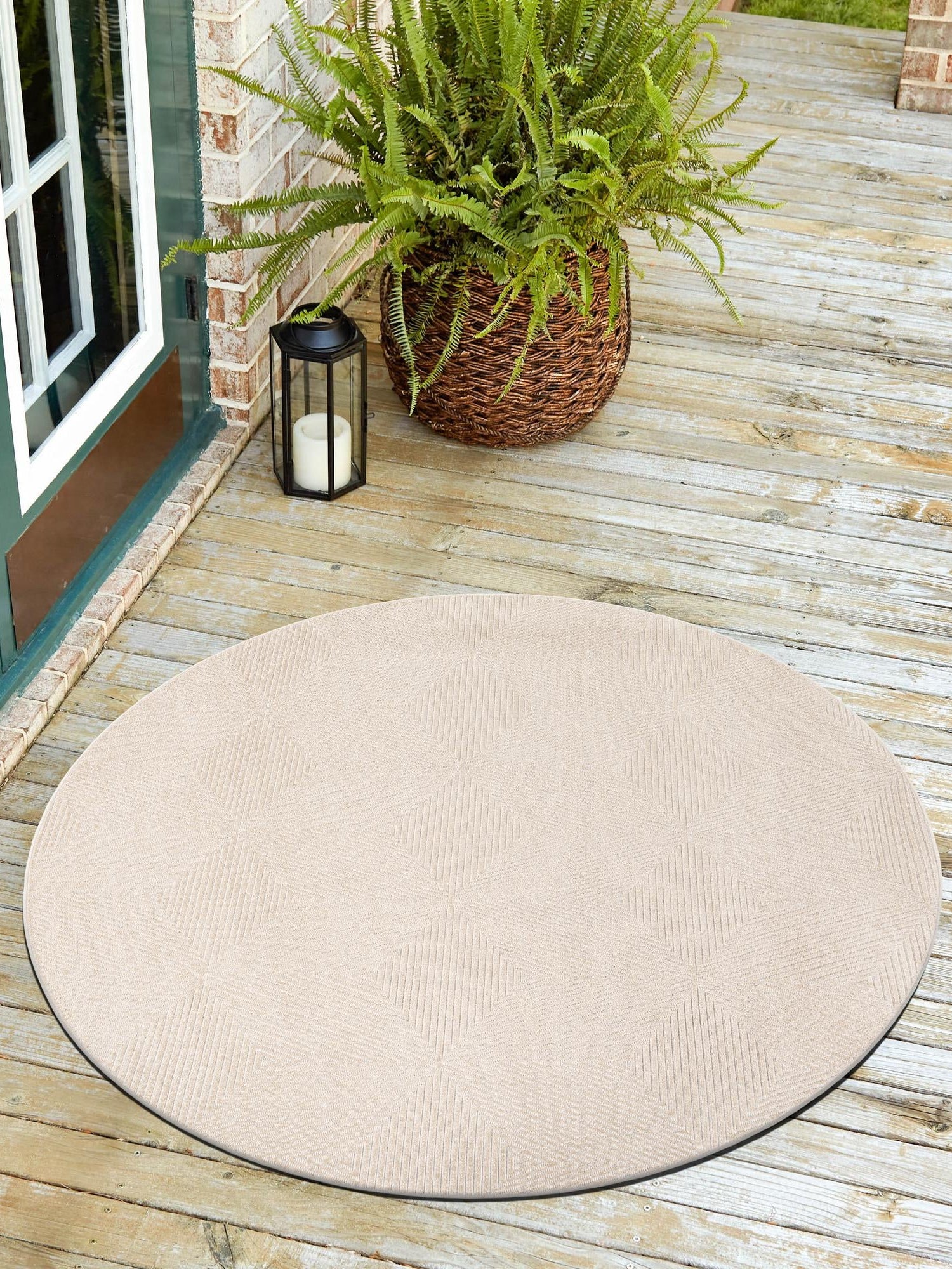 Beige 7' 10 x 7' 10 Sabrina Soto Outdoor Round Area Rug Weather Resistant for Patio, Deck, Terrace, Balcony, Porch Durable Carpet for Exterior Home Design for Sale at Rug Engine