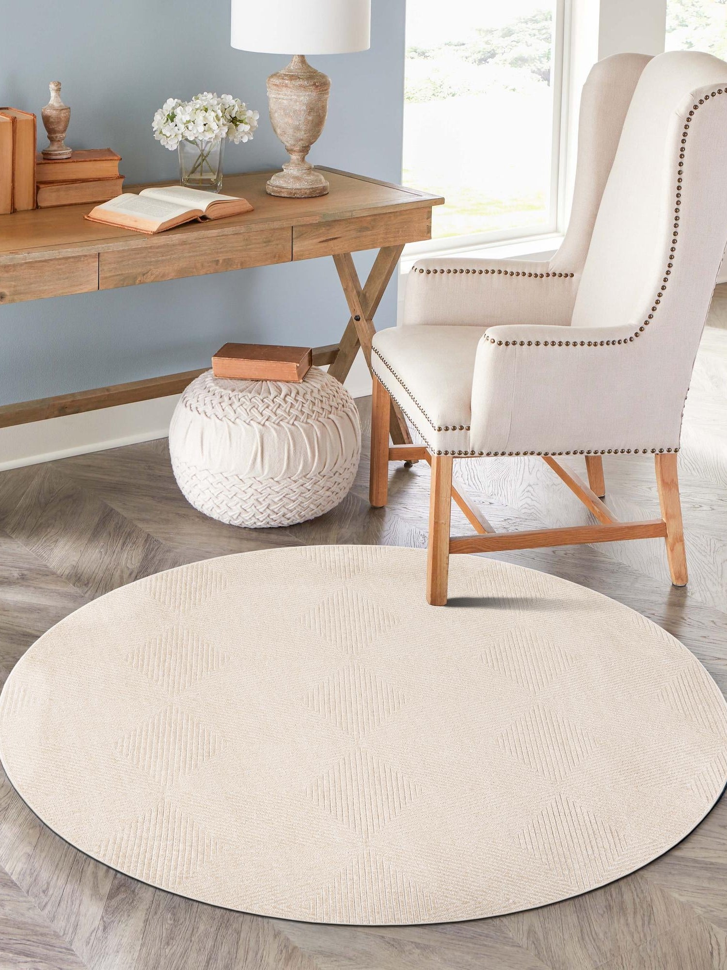 Beige 3' 1 x 3' 1 Sabrina Soto Outdoor Round Area Rug Weather Resistant for Patio, Deck, Terrace, Balcony, Porch Durable Carpet for Exterior Home Design for Sale at Rug Engine
