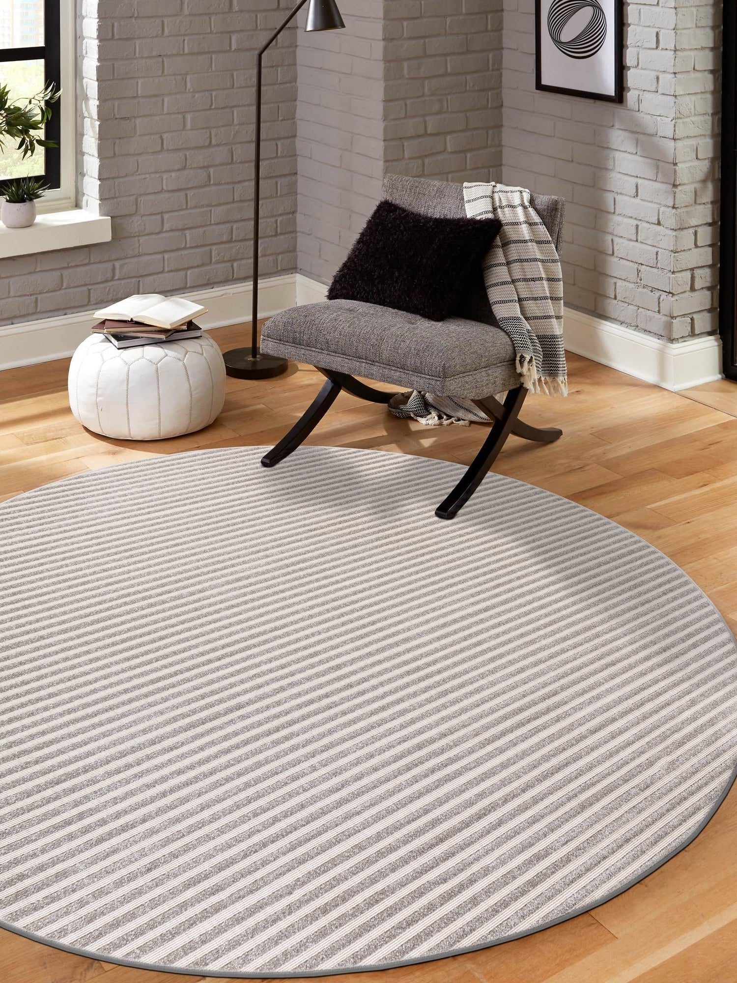 Gray 7' 10 x 7' 10 Sabrina Soto Outdoor Round Area Rug Weather Resistant for Patio, Deck, Terrace, Balcony, Porch Durable Carpet for Exterior Home Design for Sale at Rug Engine