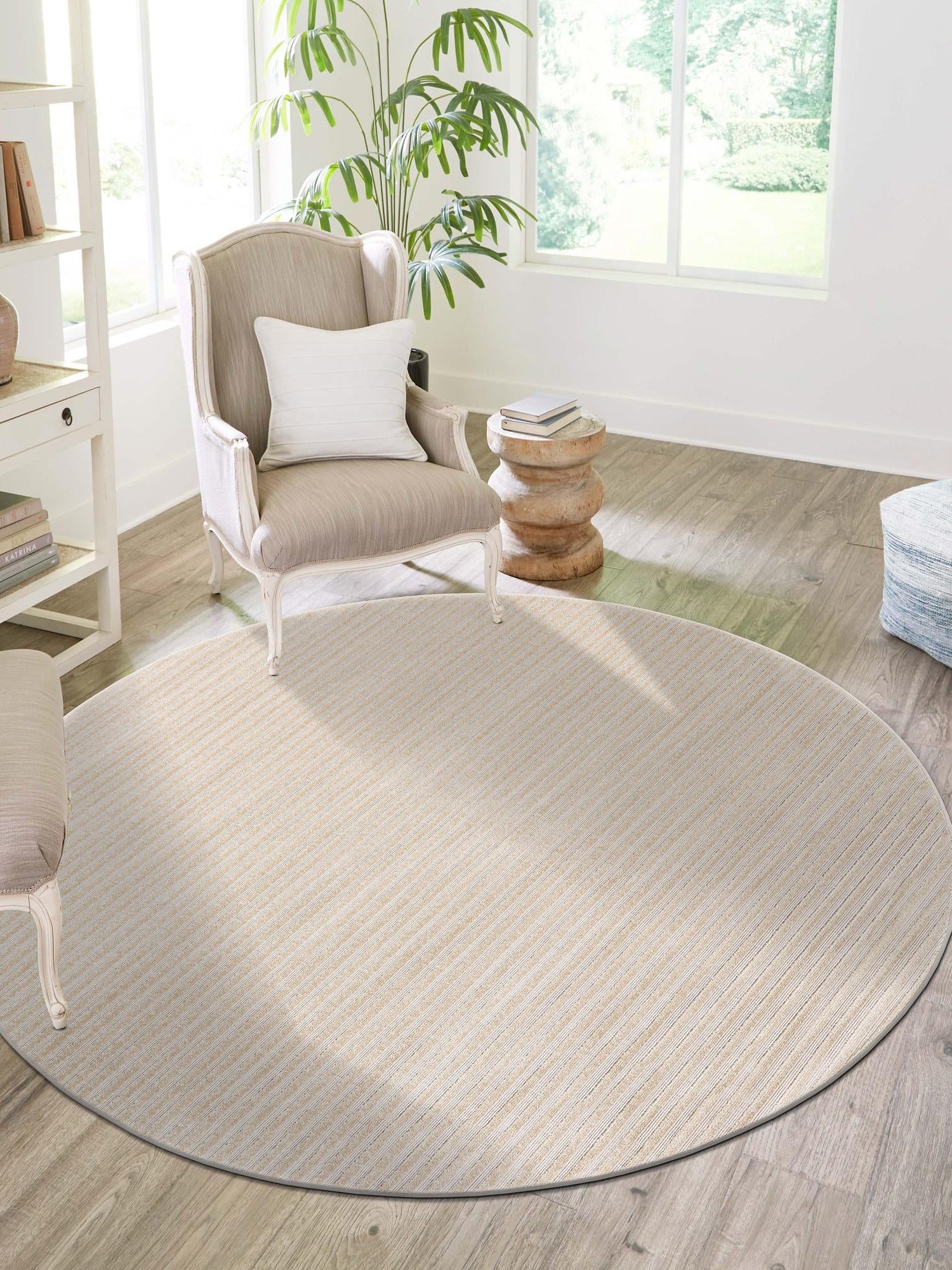 Beige and Ivory 7' 10 x 7' 10 Sabrina Soto Outdoor Round Area Rug Weather Resistant for Patio, Deck, Terrace, Balcony, Porch Durable Carpet for Exterior Home Design for Sale at Rug Engine