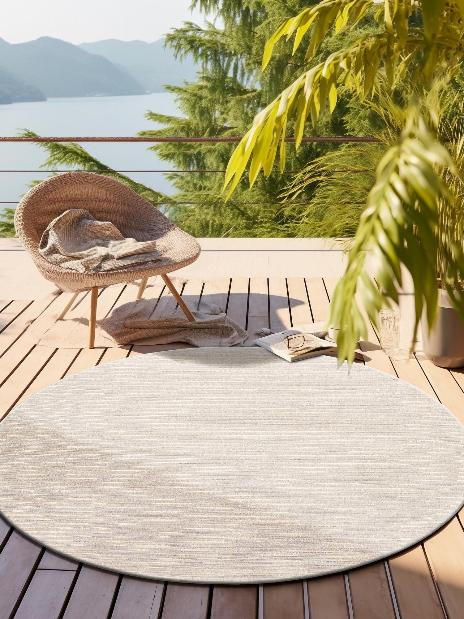 Beige and Ivory 5' 1 x 5' 1 Sabrina Soto Outdoor Round Area Rug Weather Resistant for Patio, Deck, Terrace, Balcony, Porch Durable Carpet for Exterior Home Design for Sale at Rug Engine