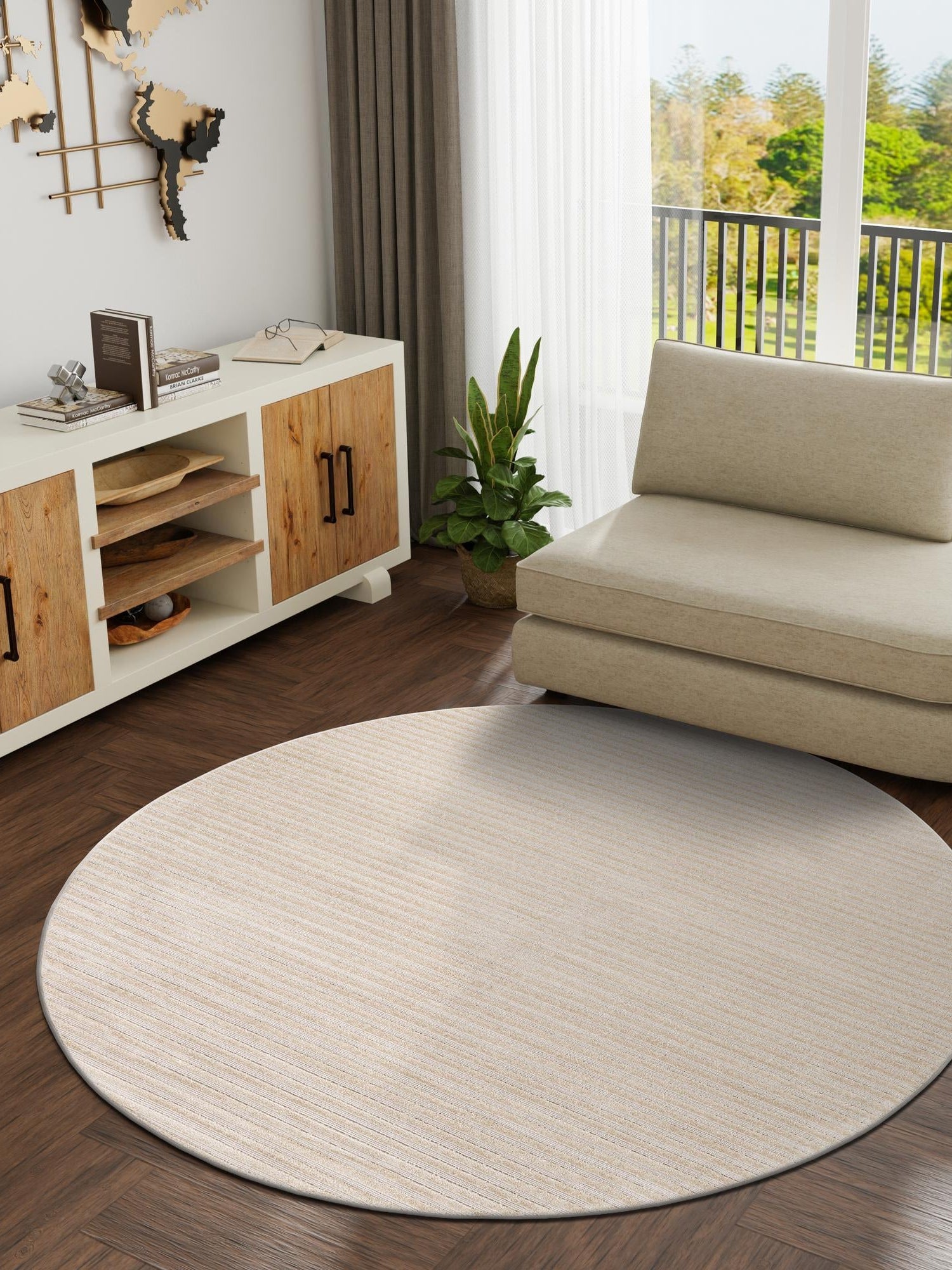Beige and Ivory 3' 1 x 3' 1 Sabrina Soto Outdoor Round Area Rug Weather Resistant for Patio, Deck, Terrace, Balcony, Porch Durable Carpet for Exterior Home Design for Sale at Rug Engine
