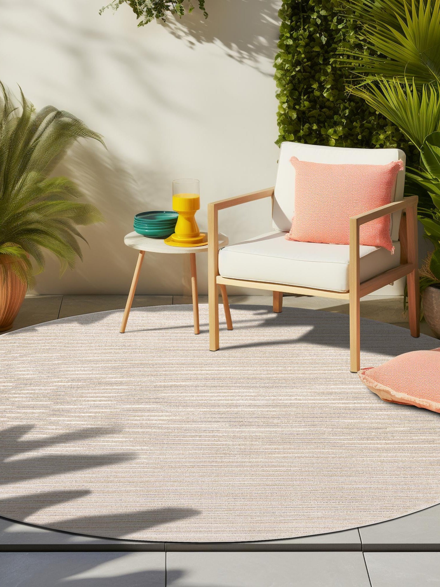 Beige and Ivory 5' 1 x 5' 1 Sabrina Soto Outdoor Round Area Rug Weather Resistant for Patio, Deck, Terrace, Balcony, Porch Durable Carpet for Exterior Home Design for Sale at Rug Engine