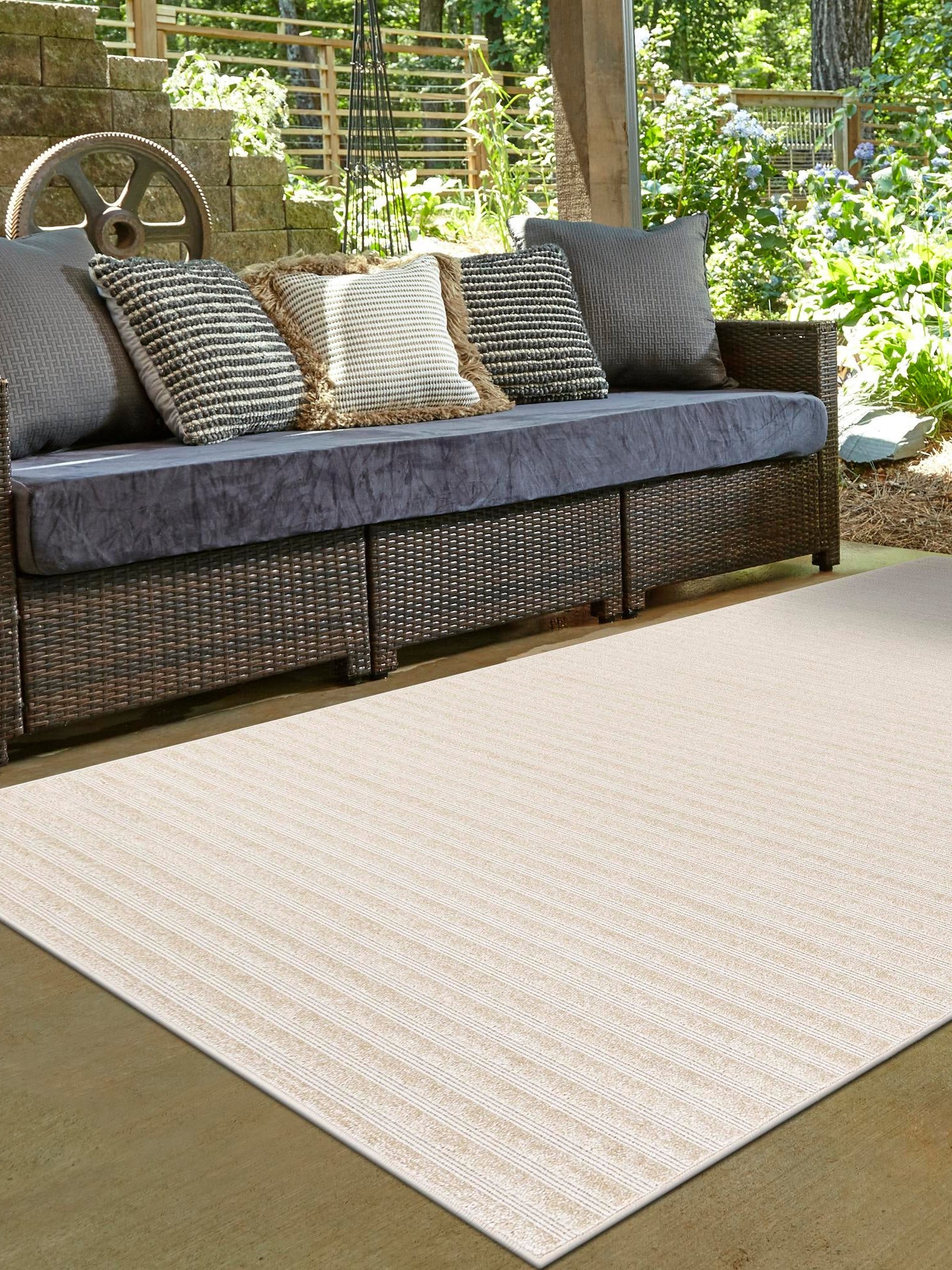 Beige and Ivory 6' 1 x 9' Sabrina Soto Outdoor Rectangle Area Rug Weather Resistant for Patio, Deck, Terrace, Balcony, Porch Durable Carpet for Exterior Home Design for Sale at Rug Engine