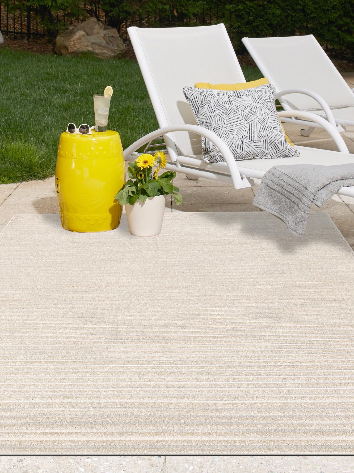 Beige and Ivory 6' 1 x 9' Sabrina Soto Outdoor Rectangle Area Rug Weather Resistant for Patio, Deck, Terrace, Balcony, Porch Durable Carpet for Exterior Home Design for Sale at Rug Engine