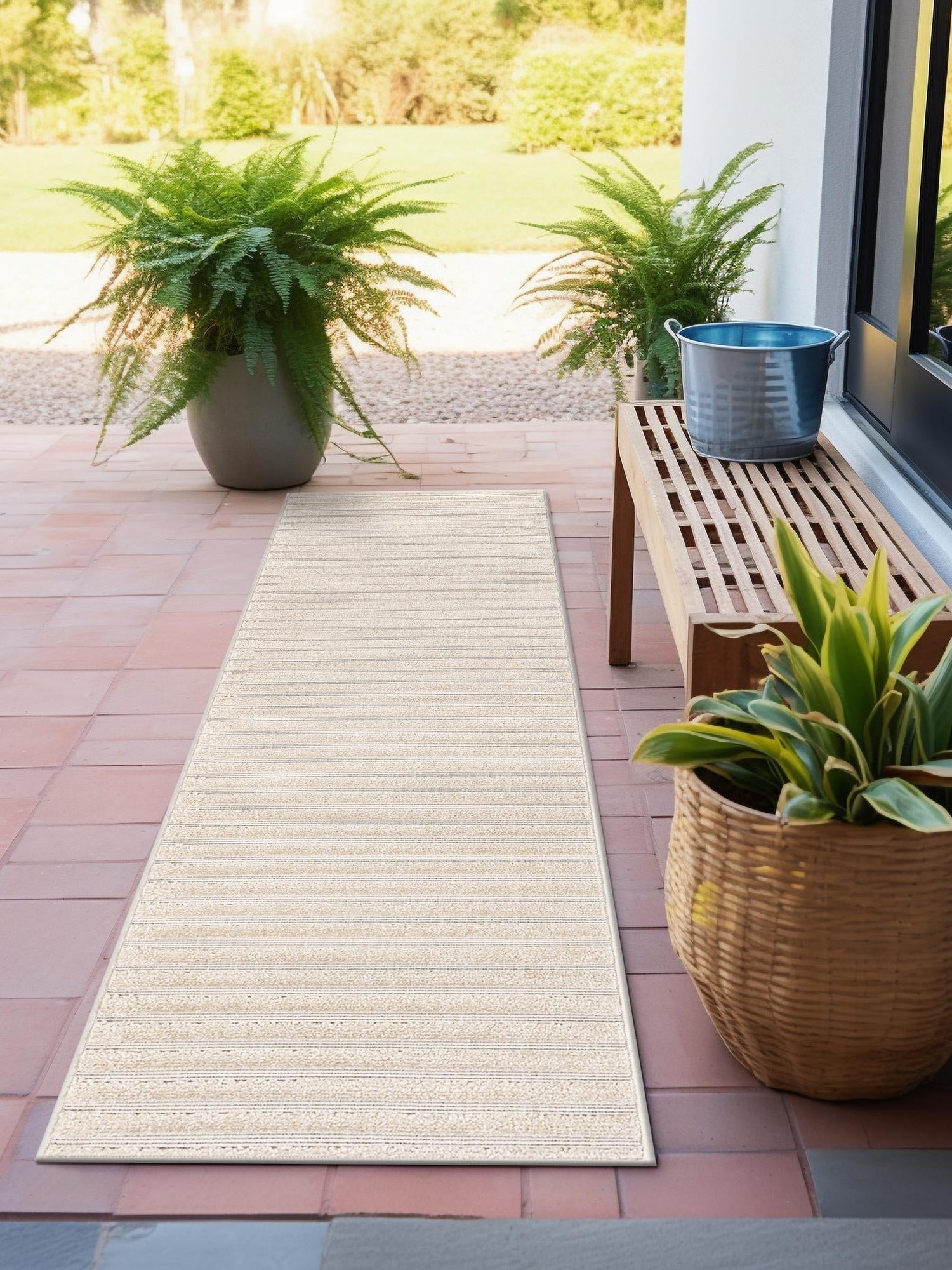 Beige and Ivory 2' x 6' 1 Sabrina Soto Outdoor Runner Area Rug Weather Resistant for Patio, Deck, Terrace, Balcony, Porch Durable Carpet for Exterior Home Design for Sale at Rug Engine