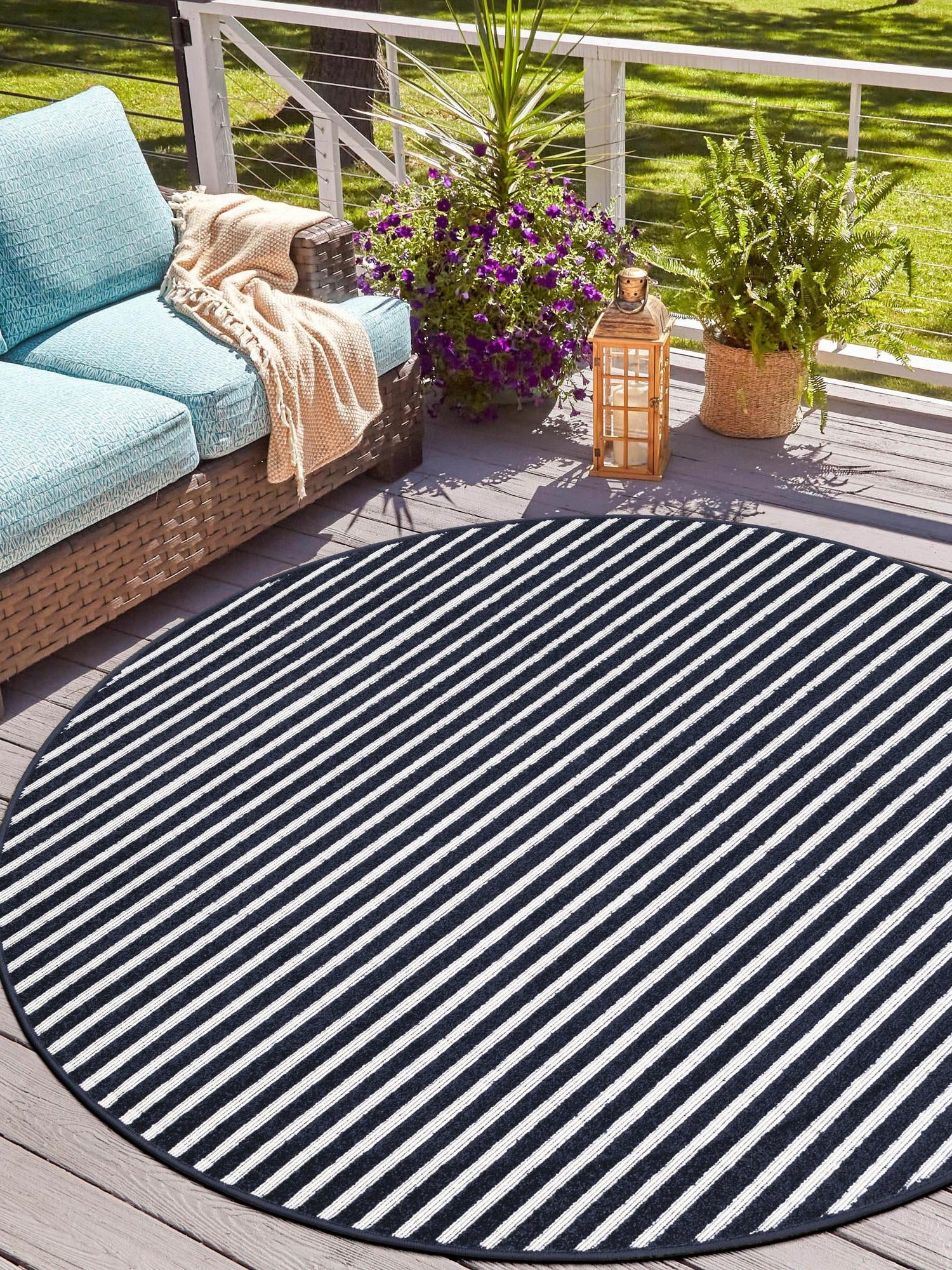 Navy Blue 5' 1 x 5' 1 Sabrina Soto Outdoor Round Area Rug Weather Resistant for Patio, Deck, Terrace, Balcony, Porch Durable Carpet for Exterior Home Design for Sale at Rug Engine