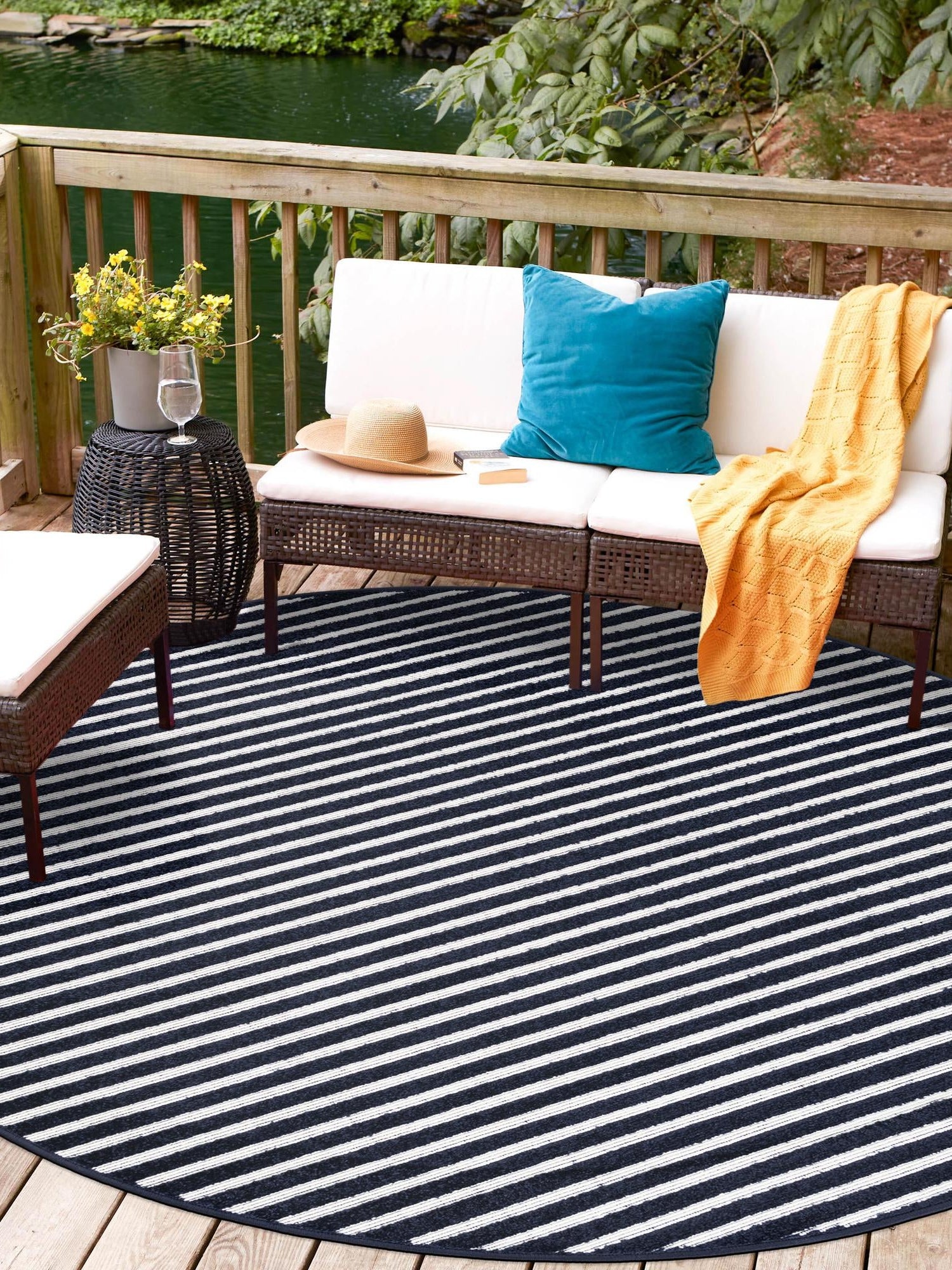 Navy Blue 7' 10 x 7' 10 Sabrina Soto Outdoor Round Area Rug Weather Resistant for Patio, Deck, Terrace, Balcony, Porch Durable Carpet for Exterior Home Design for Sale at Rug Engine