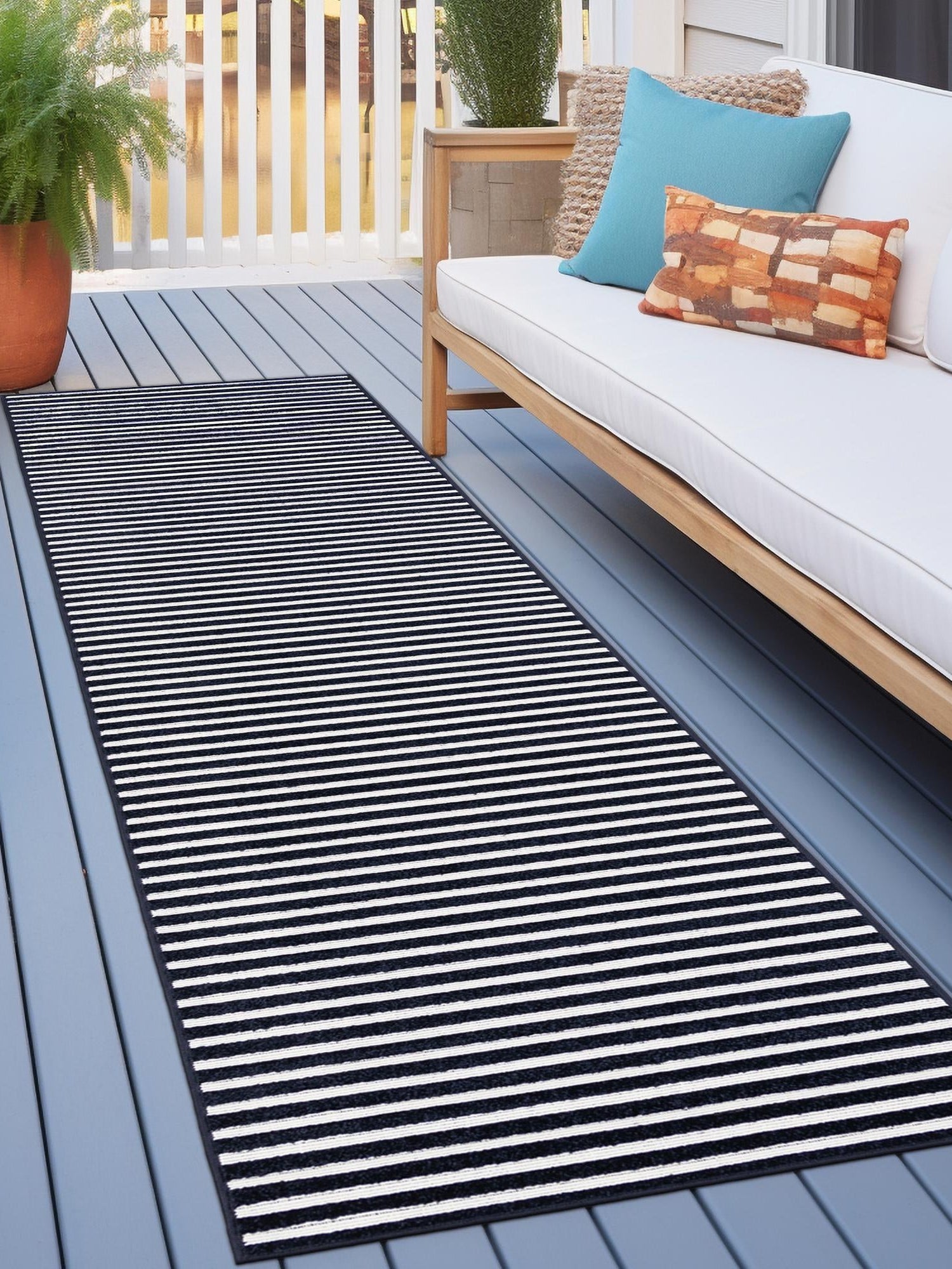 Navy Blue 2' x 6' 1 Sabrina Soto Outdoor Runner Area Rug Weather Resistant for Patio, Deck, Terrace, Balcony, Porch Durable Carpet for Exterior Home Design for Sale at Rug Engine