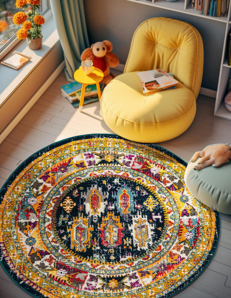 Navy Blue 7' 10 x 7' 10 Penrose Round Area Rug Classic Durable Stain Resistant Easy Clean Carpet for Traditional Indoor Home Decor for Sale at Rug Engine