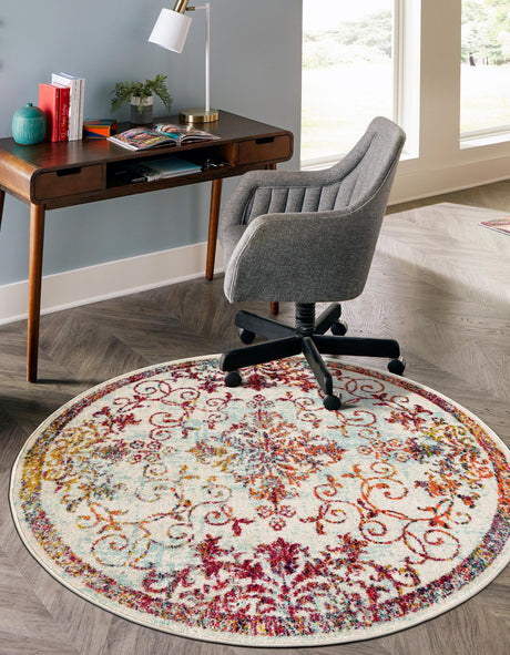 Ivory 5' 3 x 5' 3 Penrose Round Area Rug Classic Durable Stain Resistant Easy Clean Carpet for Traditional Indoor Home Decor for Sale at Rug Engine