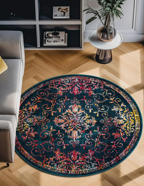 Navy Blue 7' 10 x 7' 10 Penrose Round Area Rug Classic Durable Stain Resistant Easy Clean Carpet for Traditional Indoor Home Decor for Sale at Rug Engine