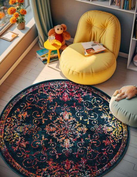 Navy Blue 3' 1 x 3' 1 Penrose Round Area Rug Classic Durable Stain Resistant Easy Clean Carpet for Traditional Indoor Home Decor for Sale at Rug Engine