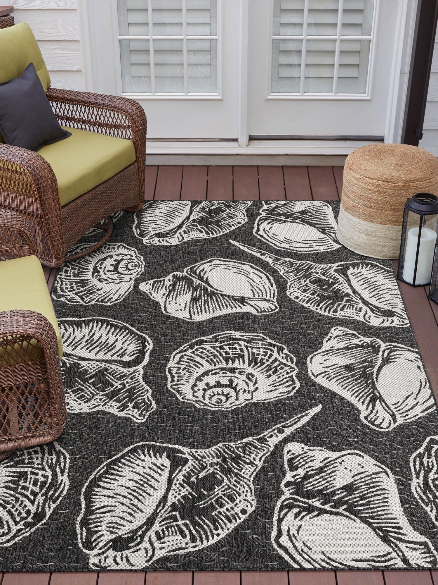 Black and White 7' 10 x 10' Outdoor Coastal Rectangle Area Rug Weather Resistant for Patio, Deck, Terrace, Balcony, Porch 100% Polypropylene Coastal Decor Carpet for Sale at Rug Engine