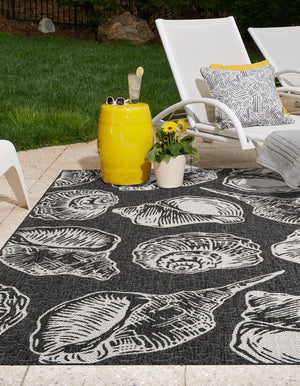 Black and White 4' 1 x 6' 1 Outdoor Coastal Rectangle Area Rug Weather Resistant for Patio, Deck, Terrace, Balcony, Porch 100% Polypropylene Coastal Decor Carpet for Sale at Rug Engine