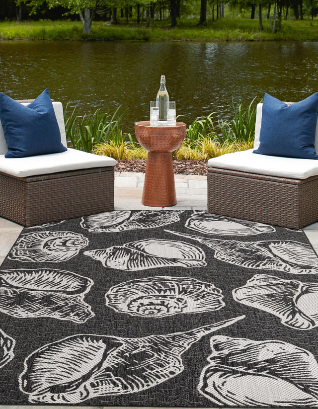 Black and White 5' 3 x 8' Outdoor Coastal Rectangle Area Rug Weather Resistant for Patio, Deck, Terrace, Balcony, Porch 100% Polypropylene Coastal Decor Carpet for Sale at Rug Engine