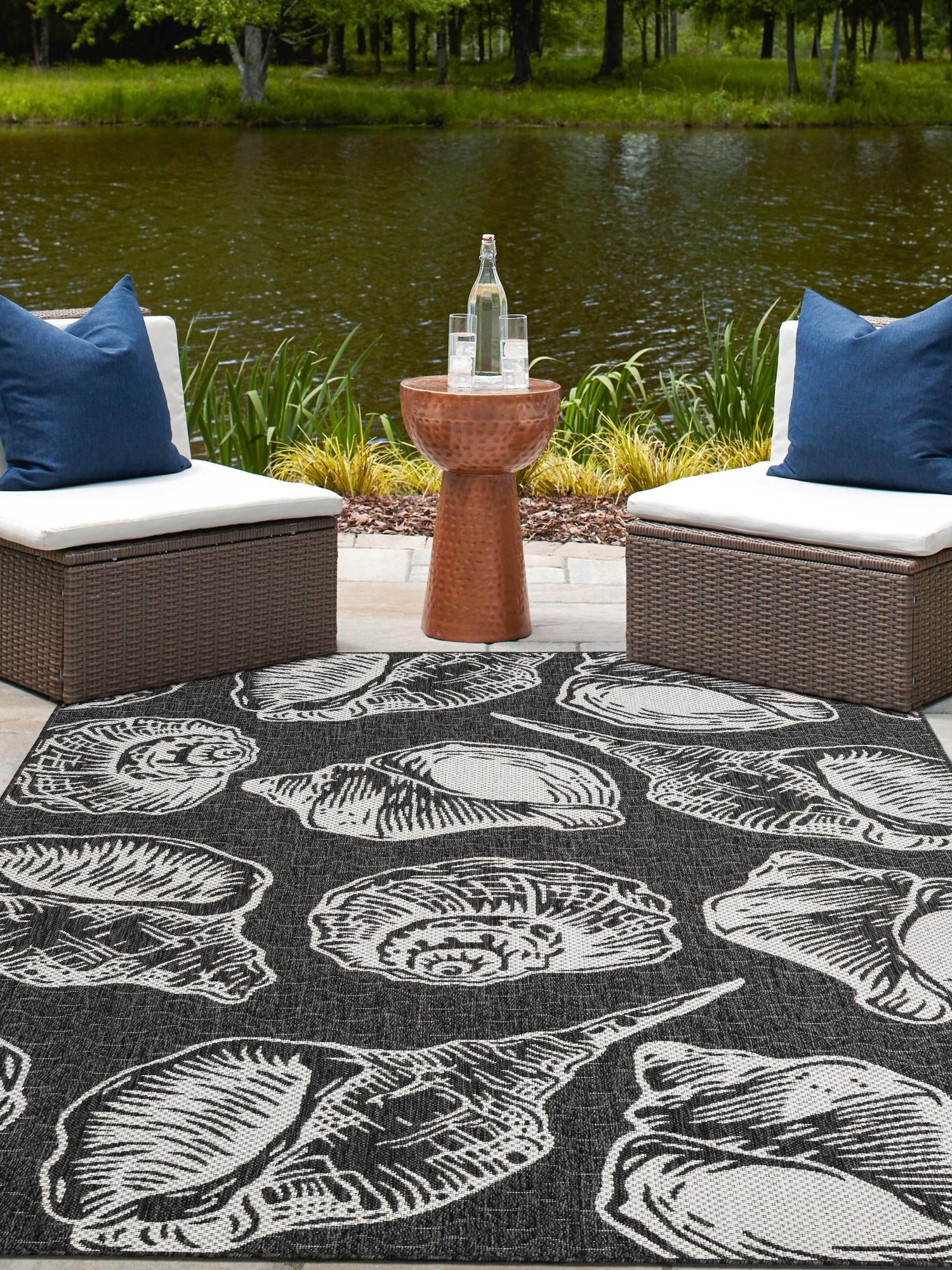 Black and White 9' x 12' Outdoor Coastal Rectangle Area Rug Weather Resistant for Patio, Deck, Terrace, Balcony, Porch 100% Polypropylene Coastal Decor Carpet for Sale at Rug Engine