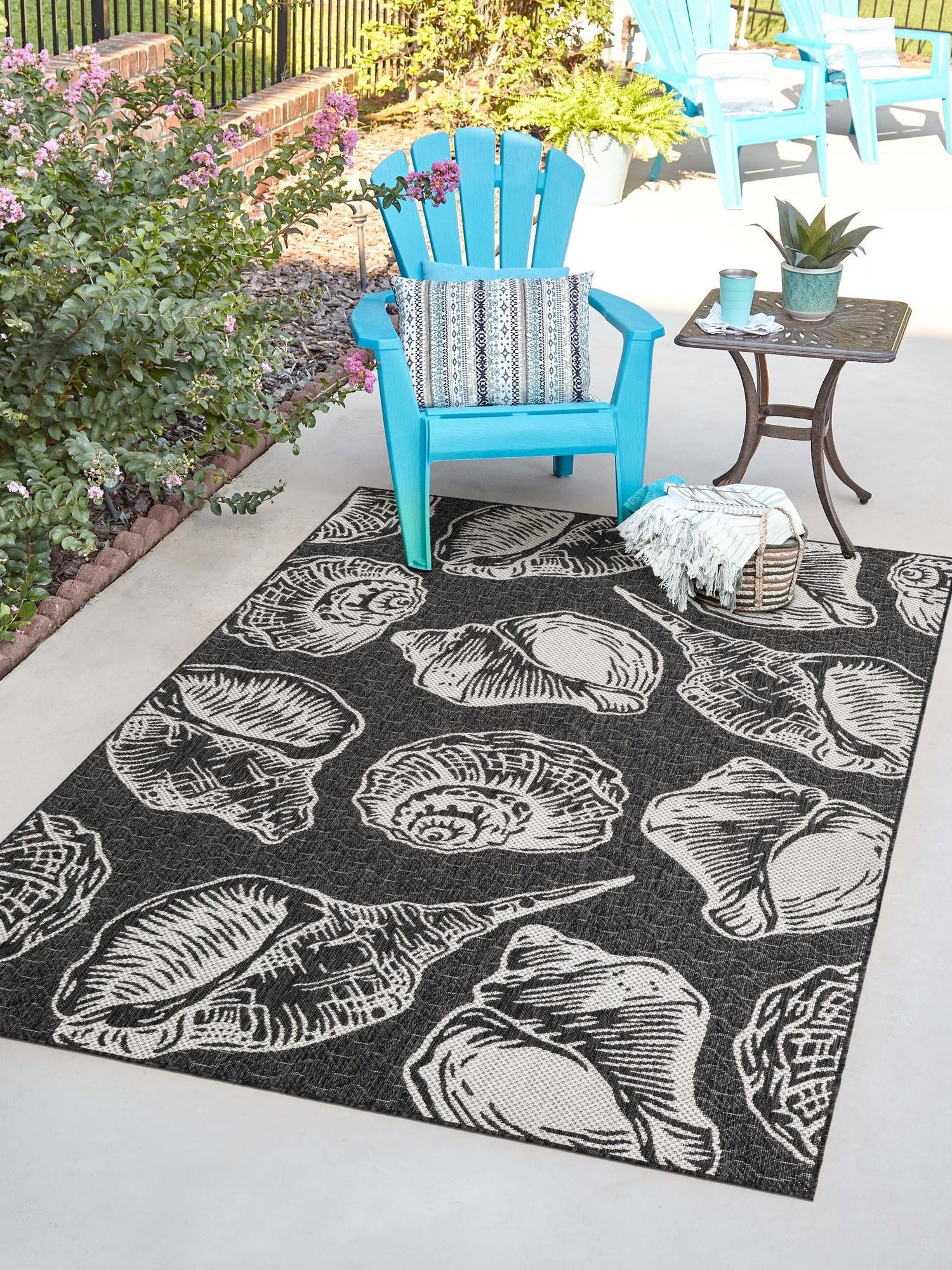 Black and White 4' 1 x 6' 1 Outdoor Coastal Rectangle Area Rug Weather Resistant for Patio, Deck, Terrace, Balcony, Porch 100% Polypropylene Coastal Decor Carpet for Sale at Rug Engine