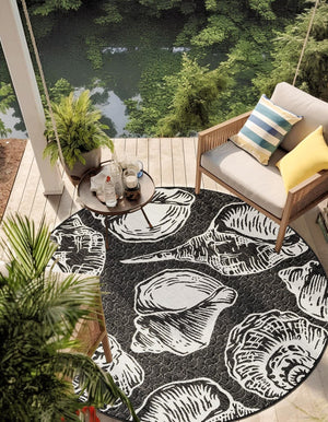 Black and White 10' x 10' Outdoor Coastal Round Area Rug Weather Resistant for Patio, Deck, Terrace, Balcony, Porch 100% Polypropylene Coastal Decor Carpet for Sale at Rug Engine