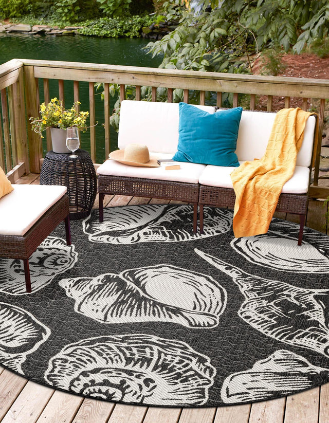 Black and White 7' 10 x 7' 10 Outdoor Coastal Round Area Rug Weather Resistant for Patio, Deck, Terrace, Balcony, Porch 100% Polypropylene Coastal Decor Carpet for Sale at Rug Engine