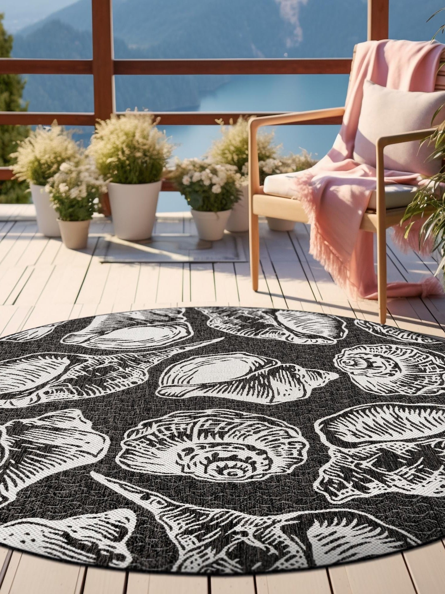 Black and White 12' x 12' Outdoor Coastal Round Area Rug Weather Resistant for Patio, Deck, Terrace, Balcony, Porch 100% Polypropylene Coastal Decor Carpet for Sale at Rug Engine