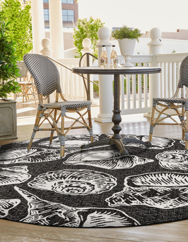 Black and White 7' 10 x 7' 10 Outdoor Coastal Round Area Rug Weather Resistant for Patio, Deck, Terrace, Balcony, Porch 100% Polypropylene Coastal Decor Carpet for Sale at Rug Engine
