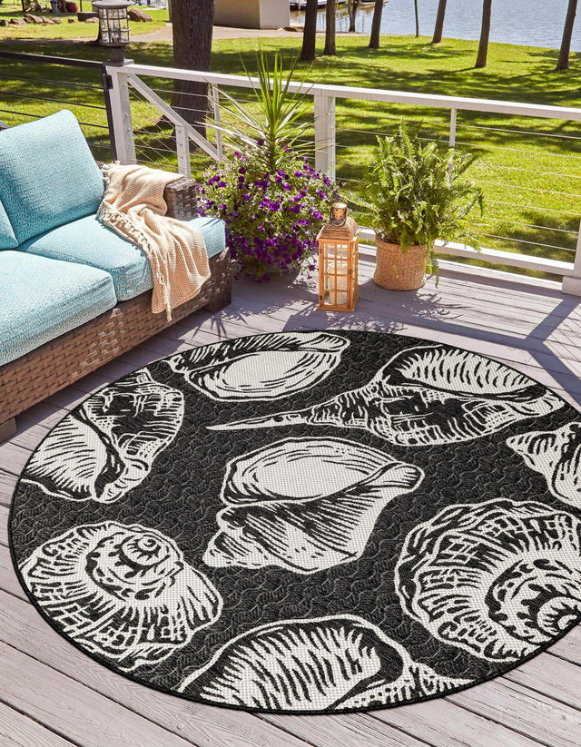 Black and White 7' 10 x 7' 10 Outdoor Coastal Round Area Rug Weather Resistant for Patio, Deck, Terrace, Balcony, Porch 100% Polypropylene Coastal Decor Carpet for Sale at Rug Engine