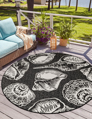 Black and White 12' x 12' Outdoor Coastal Round Area Rug Weather Resistant for Patio, Deck, Terrace, Balcony, Porch 100% Polypropylene Coastal Decor Carpet for Sale at Rug Engine
