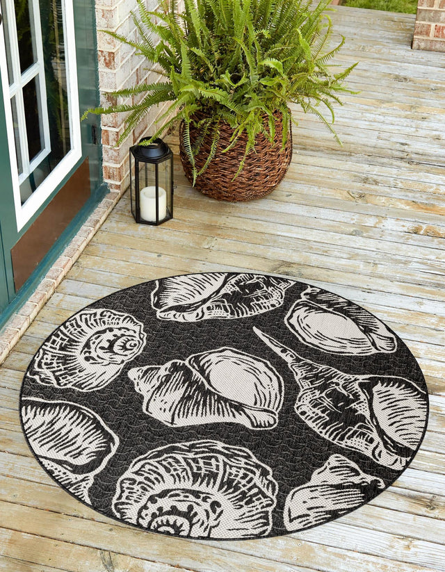 Black and White 7' 10 x 7' 10 Outdoor Coastal Round Area Rug Weather Resistant for Patio, Deck, Terrace, Balcony, Porch 100% Polypropylene Coastal Decor Carpet for Sale at Rug Engine