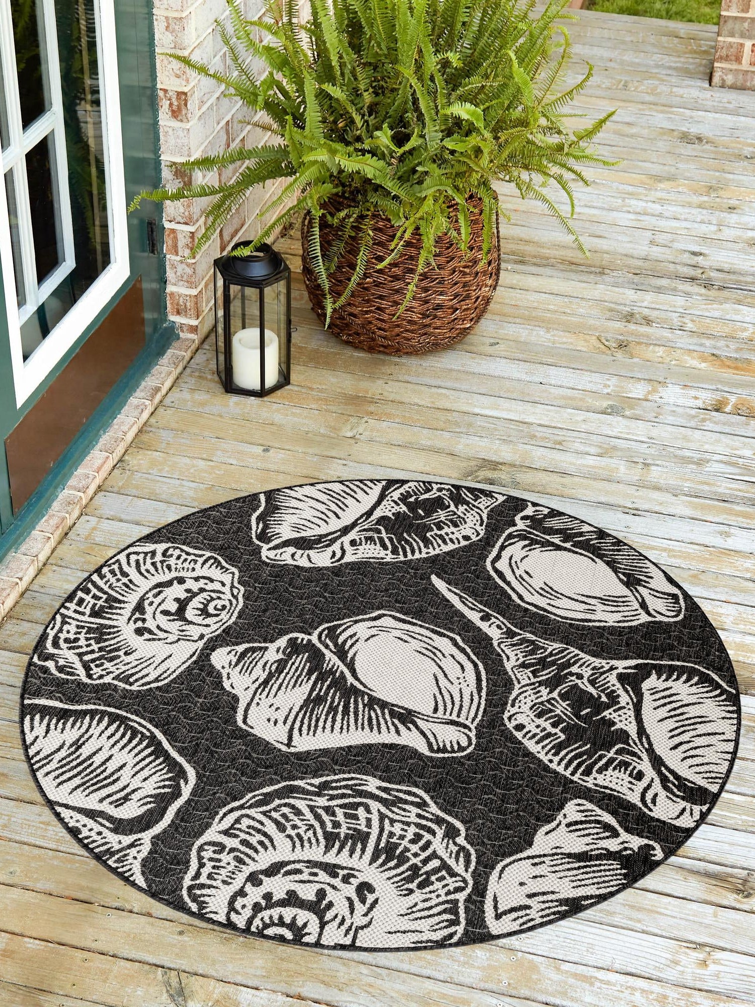 Black and White 6' 1 x 6' 1 Outdoor Coastal Round Area Rug Weather Resistant for Patio, Deck, Terrace, Balcony, Porch 100% Polypropylene Coastal Decor Carpet for Sale at Rug Engine