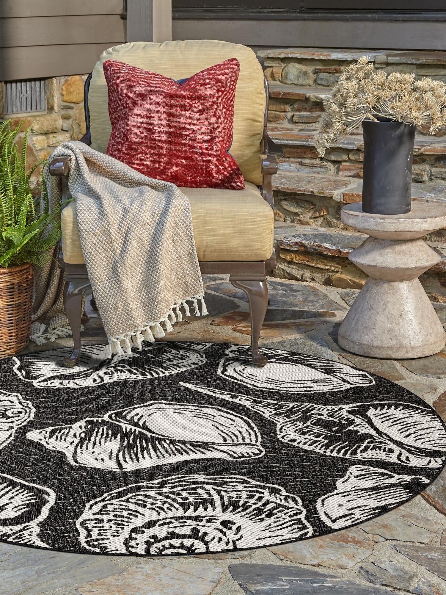 Black and White 12' x 12' Outdoor Coastal Round Area Rug Weather Resistant for Patio, Deck, Terrace, Balcony, Porch 100% Polypropylene Coastal Decor Carpet for Sale at Rug Engine