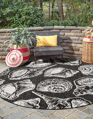 Black and White 7' 10 x 7' 10 Outdoor Coastal Round Area Rug Weather Resistant for Patio, Deck, Terrace, Balcony, Porch 100% Polypropylene Coastal Decor Carpet for Sale at Rug Engine