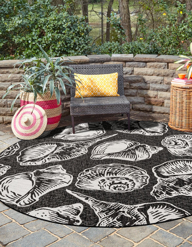 Black and White 7' 10 x 7' 10 Outdoor Coastal Round Area Rug Weather Resistant for Patio, Deck, Terrace, Balcony, Porch 100% Polypropylene Coastal Decor Carpet for Sale at Rug Engine