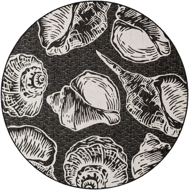 Black and White 6' 1 x 6' 1 Outdoor Coastal Round Area Rug Weather Resistant for Patio, Deck, Terrace, Balcony, Porch 100% Polypropylene Coastal Decor Carpet for Sale at Rug Engine