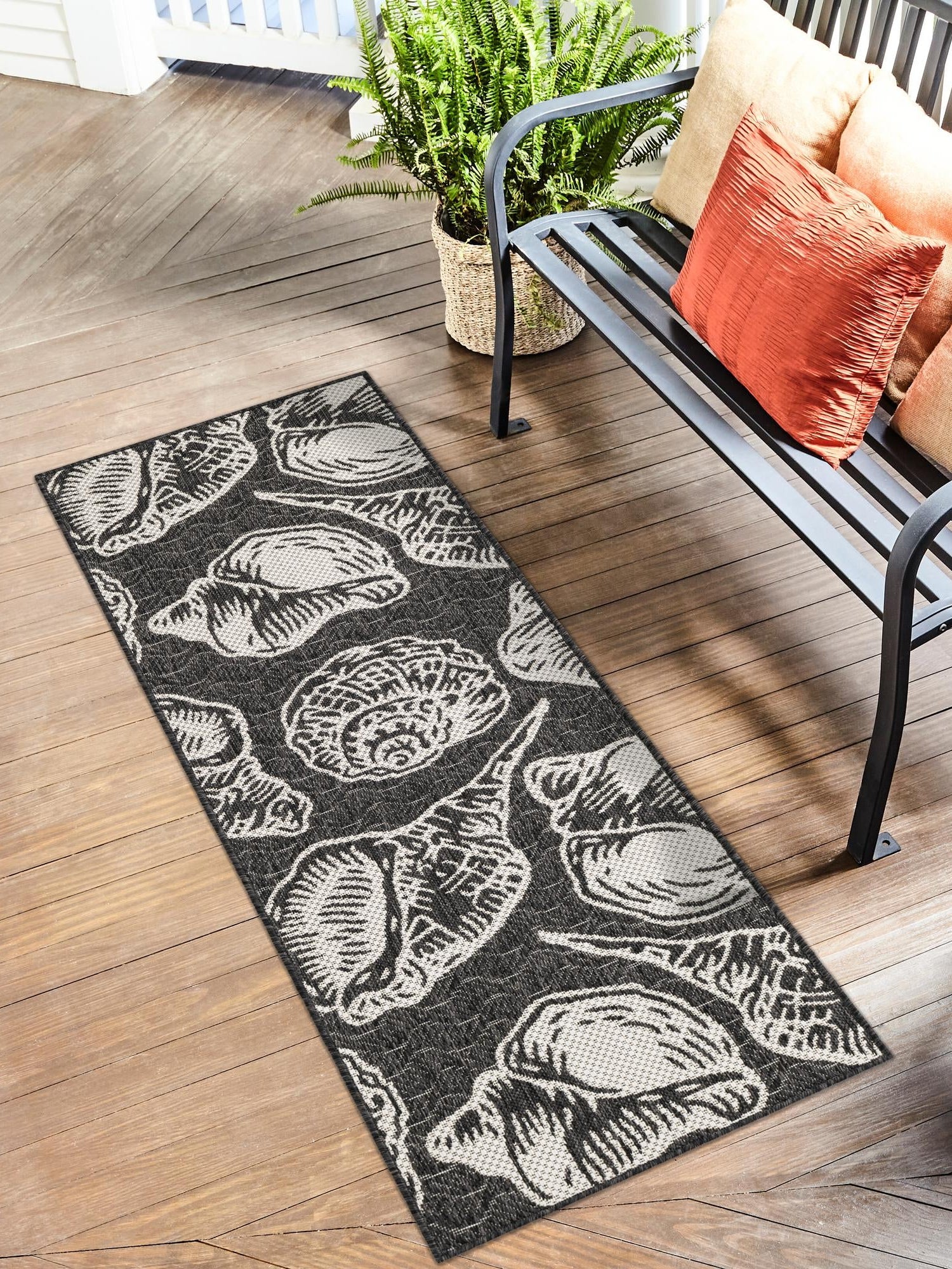 Black and White 2' x 6' 1 Outdoor Coastal Runner Area Rug Weather Resistant for Patio, Deck, Terrace, Balcony, Porch 100% Polypropylene Coastal Decor Carpet for Sale at Rug Engine