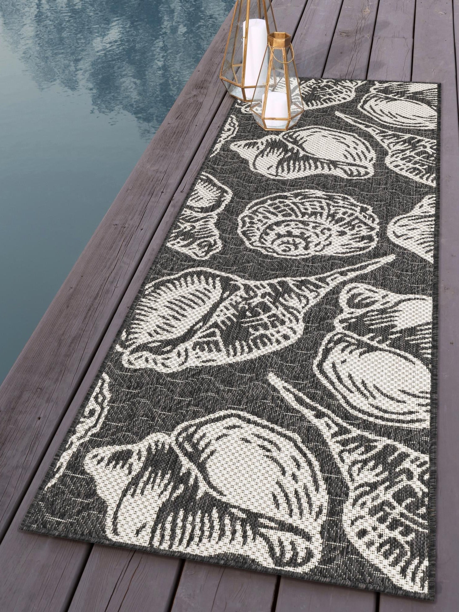 Black and White 2' x 6' 1 Outdoor Coastal Runner Area Rug Weather Resistant for Patio, Deck, Terrace, Balcony, Porch 100% Polypropylene Coastal Decor Carpet for Sale at Rug Engine