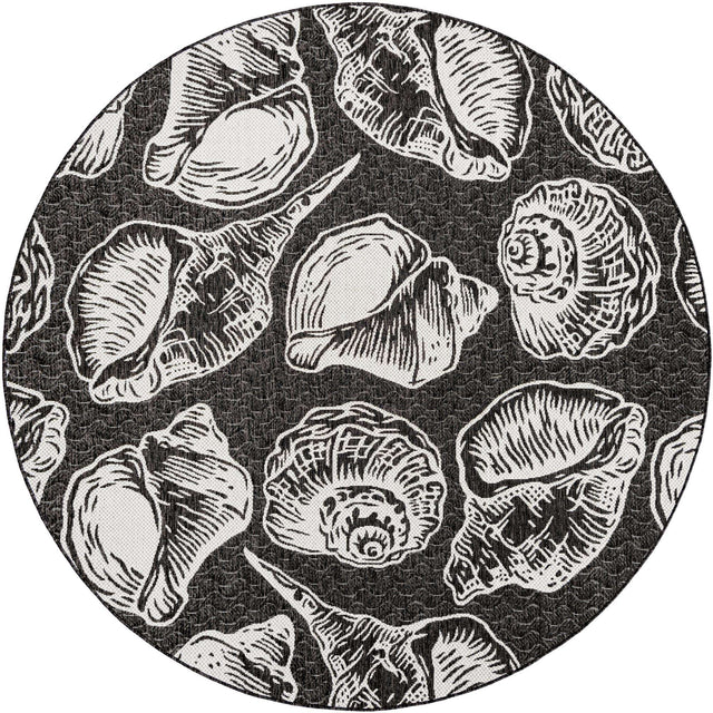 Black and White 7' 10 x 7' 10 Outdoor Coastal Round Area Rug Weather Resistant for Patio, Deck, Terrace, Balcony, Porch 100% Polypropylene Coastal Decor Carpet for Sale at Rug Engine