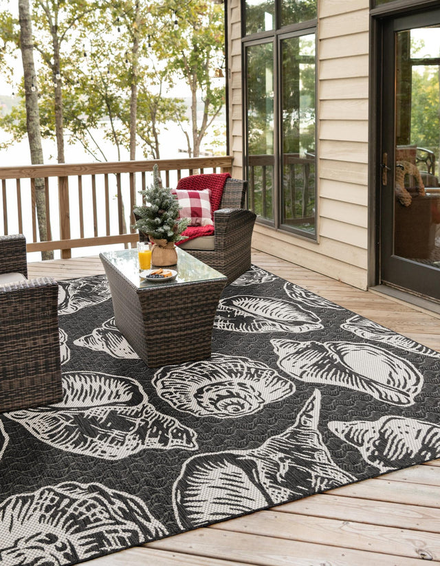 Black and White 10' x 10' Outdoor Coastal Square Area Rug Weather Resistant for Patio, Deck, Terrace, Balcony, Porch 100% Polypropylene Coastal Decor Carpet for Sale at Rug Engine