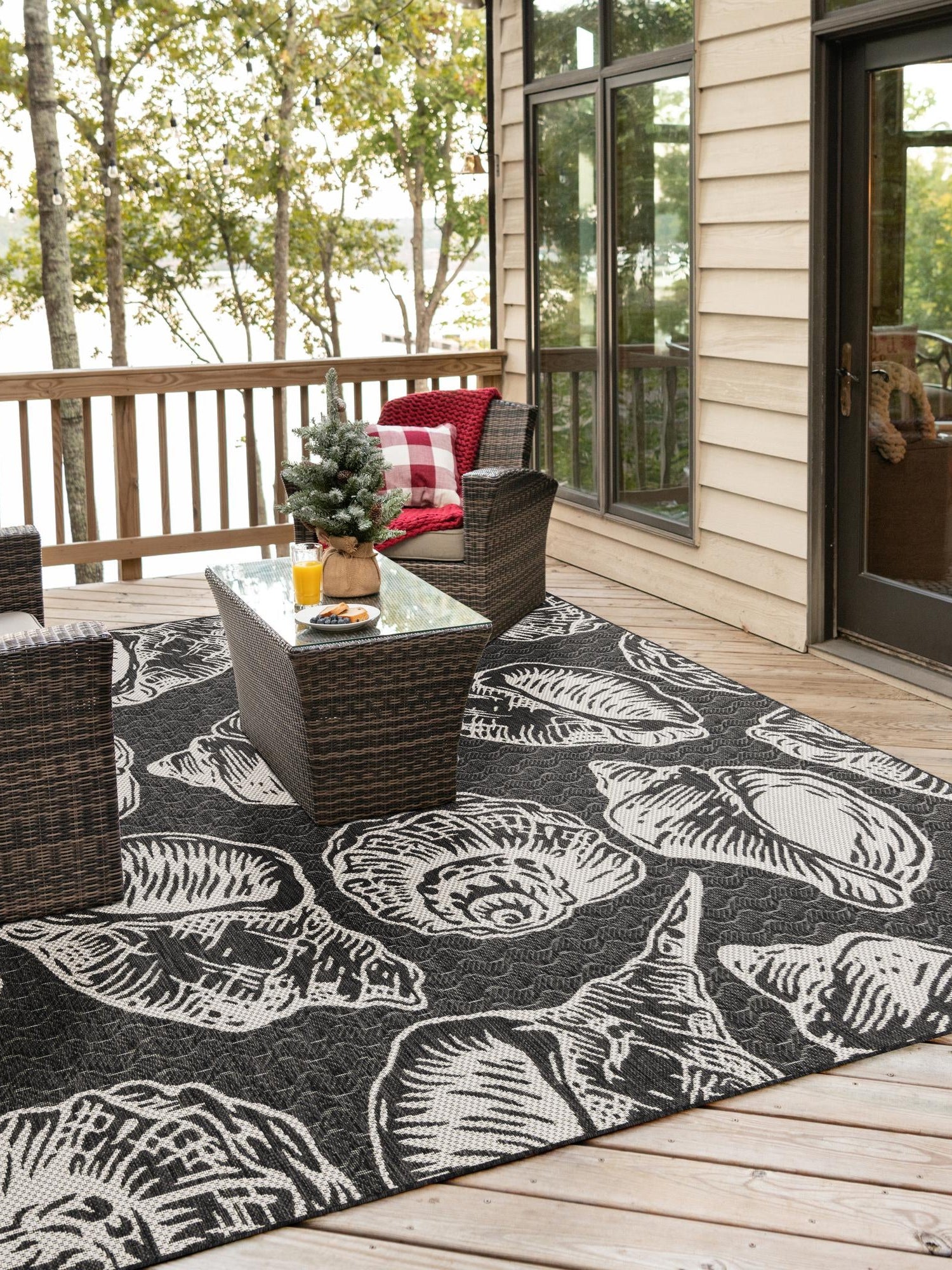 Black and White 12' x 12' Outdoor Coastal Square Area Rug Weather Resistant for Patio, Deck, Terrace, Balcony, Porch 100% Polypropylene Coastal Decor Carpet for Sale at Rug Engine