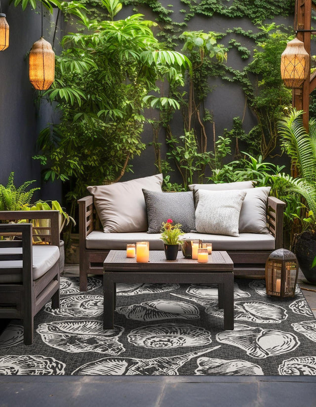 Black and White 10' x 10' Outdoor Coastal Square Area Rug Weather Resistant for Patio, Deck, Terrace, Balcony, Porch 100% Polypropylene Coastal Decor Carpet for Sale at Rug Engine