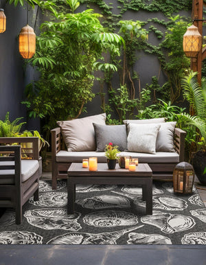 Black and White 7' 10 x 7' 10 Outdoor Coastal Square Area Rug Weather Resistant for Patio, Deck, Terrace, Balcony, Porch 100% Polypropylene Coastal Decor Carpet for Sale at Rug Engine