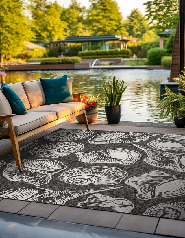 Black and White 7' 10 x 7' 10 Outdoor Coastal Square Area Rug Weather Resistant for Patio, Deck, Terrace, Balcony, Porch 100% Polypropylene Coastal Decor Carpet for Sale at Rug Engine