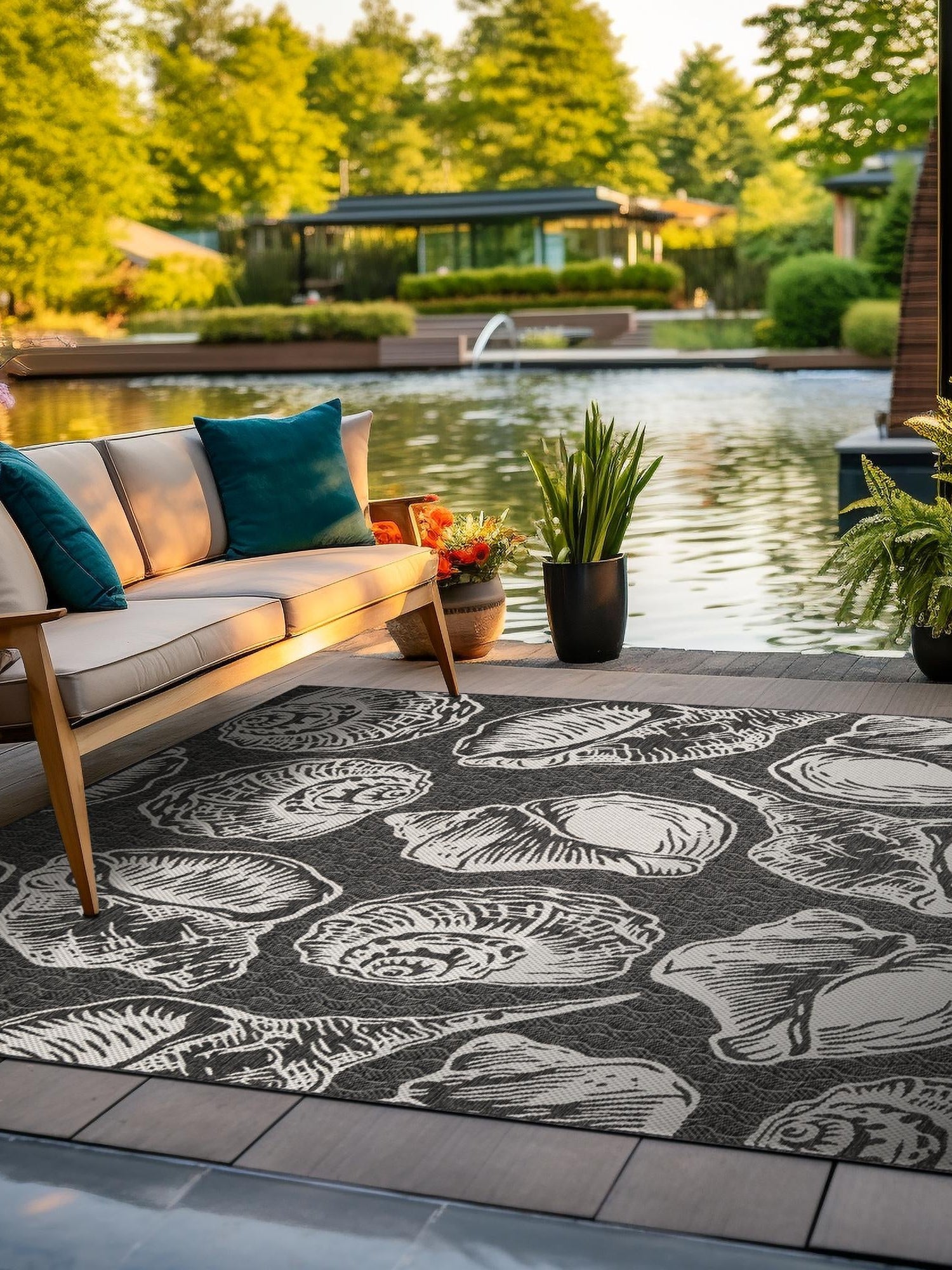 Black and White 12' x 12' Outdoor Coastal Square Area Rug Weather Resistant for Patio, Deck, Terrace, Balcony, Porch 100% Polypropylene Coastal Decor Carpet for Sale at Rug Engine